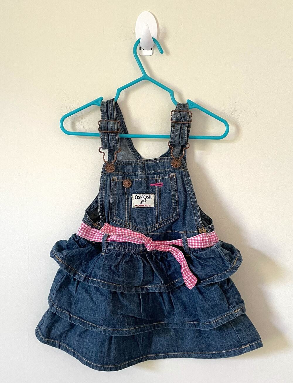 Oshkosh Vintage 90s Ruffle Belt Denim Dress Blue Pink Size 24 months 2 Toddler